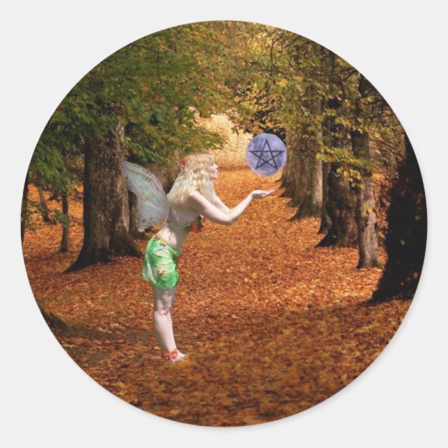 Forest Faerie with Magic Orb and Pentacle Classic Round Sticker (Front)