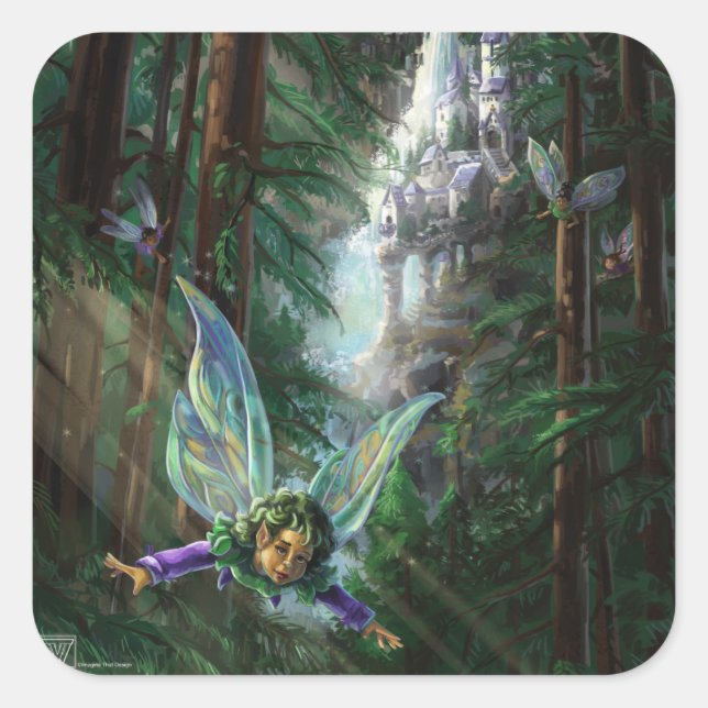Forest Fairies and Waterfall Castle Square Sticker (Front)