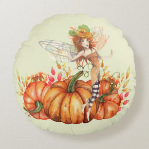 Forest Fairy & Autumn Pumpkin Bouquet  Round Cushion