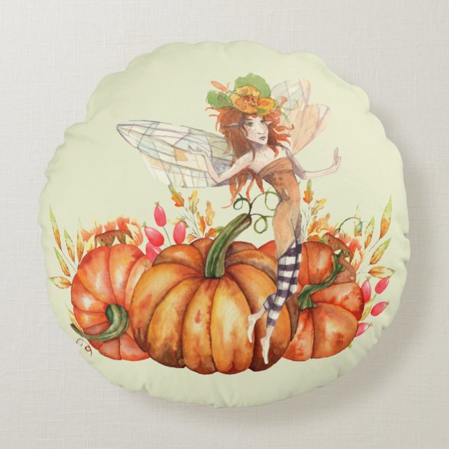 Forest Fairy & Autumn Pumpkin Bouquet  Round Cushion (Front)