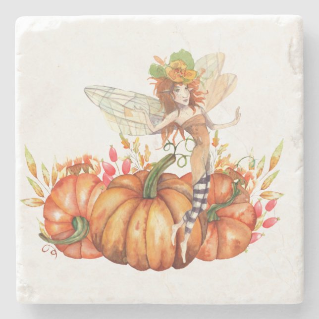 Forest Fairy & Autumn Pumpkin Bouquet  Stone Coaster (Front)