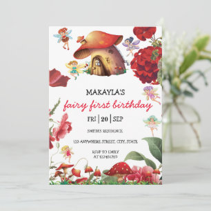 Forest Fairy red mushroom Floral Girl Birthday  Invitation