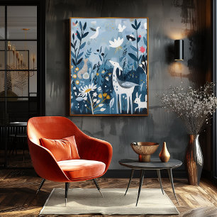 Forest Fauna: Folk and Naive Colorful Landscape Poster