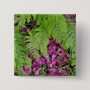 Forest ferns with pink flower petals on ground 15 cm square badge