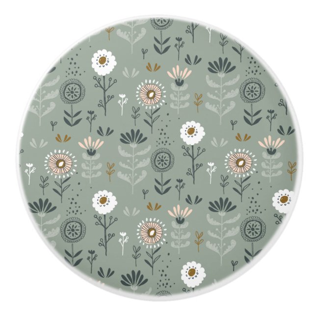 Forest Floral Sage Green Ceramic Knob (Front)