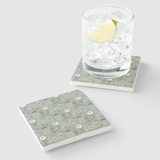 Forest Floral Sage Green Stone Coaster (Side)