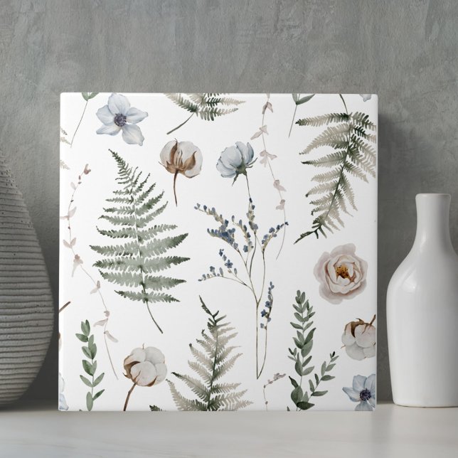 Forest Flowers and Fern Leaves Floral Botanical Tile (Close up)