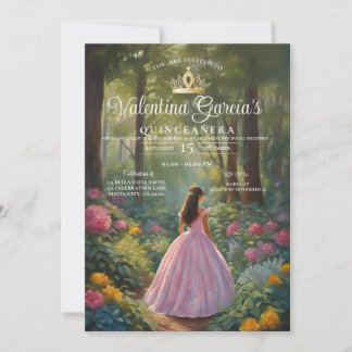 Forest Flowers Quinceañera 15 Anos Gold Crown Invitation