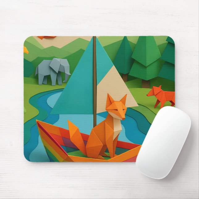 Forest Folded Animals – Colourful Origami Wildlife Mouse Mat (With Mouse)