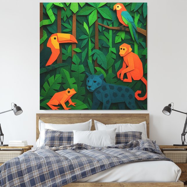 Forest Folded Animals – Tropical Jungle Wildlife Canvas Print (Insitu(Bedroom))