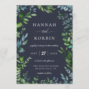 Forest Foliage Frame Navy Blue Wedding Invitation