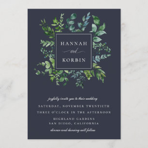 Forest Foliage Frame Navy Blue Wedding Invitation