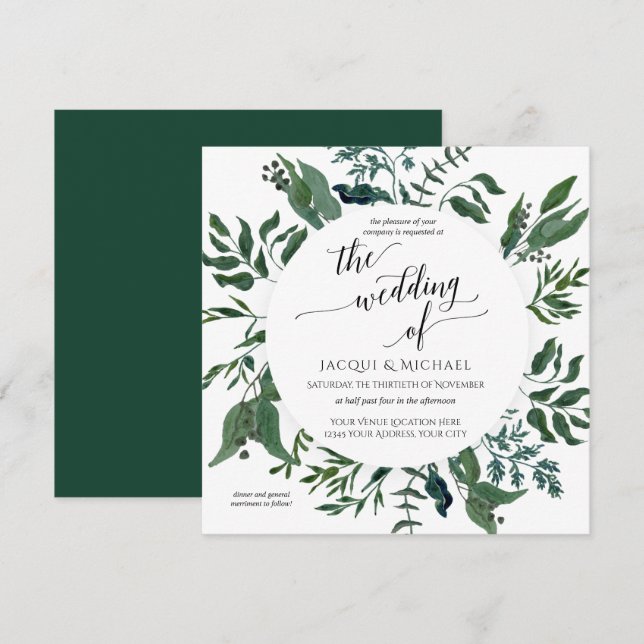 Forest Foliage Wedding Watercolor Wreath | Square Invitation (Front/Back)