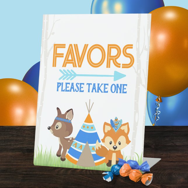 Forest Fox and Deer Woodland Party Favour Pedestal Sign (Woodland Forest Animal Party Favor Pedestal Sign. Featuring a Fox, Bear and Sweet Teepee)