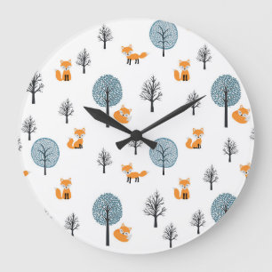 Forest Foxes: Vintage White Background Large Clock