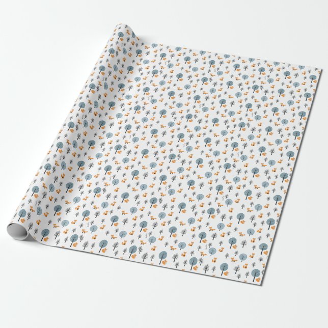 Forest Foxes: Vintage White Background Wrapping Paper (Unrolled)