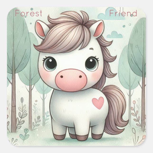 Forest Friend Cute Pony Pastel Square Sticker (Front)