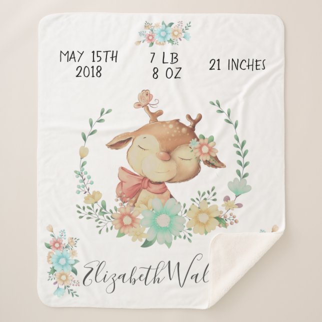 forest friends baby deer birth stats sherpa blanket (Front)