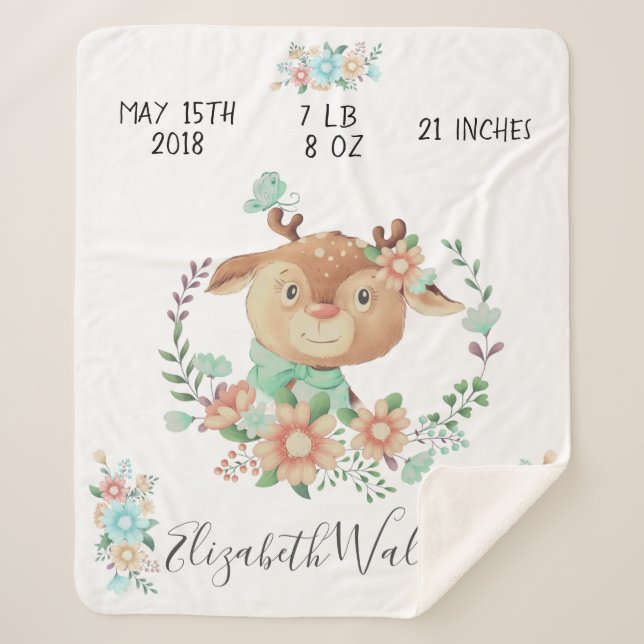 forest friends baby deer birth stats sherpa blanket (Front)