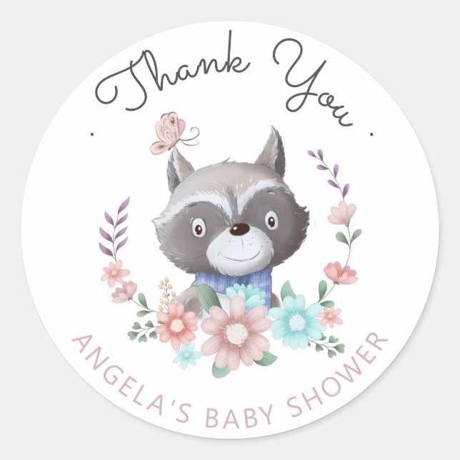 forest friends baby racoon Baby Shower Sticker (Front)