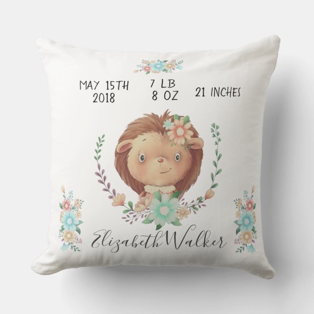 forest friends cute  hedgehog birth stats nursery cushion (Front)