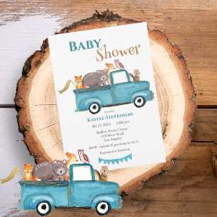 Forest Friends Watercolor Blue Baby Shower Invitation