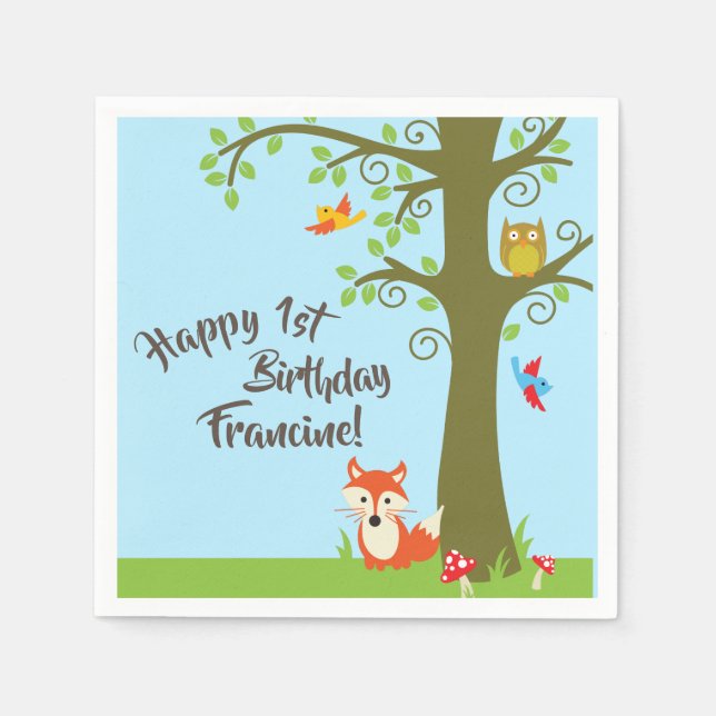 Forest Friends Woodland Cute 1st Birthday Party Napkin (Front)