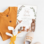 Forest Friends & Woodland Greenery Baby Shower Invitation<br><div class="desc">Featuring a deer, an owl, a racoon, a fox, a little mouse, a squirrel, a bunny rabbit, a bear, and a birdy! These forest friends are placed in front of a watercolor greenery wreath. At the top of the invite, there is faux gold glitter. Cards reverse to a white wood...</div>