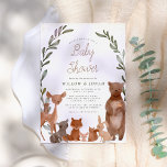 Forest Friends & Woodland Greenery Baby Shower Invitation<br><div class="desc">Featuring a deer, an owl, a raccoon, a fox, a little mouse, a squirrel, a bunny rabbit, a bear, and a birdy! These forest friends are placed in front of a watercolor greenery wreath. At the top of the invite, there is faux gold glitter. Cards reverse to a white wood...</div>