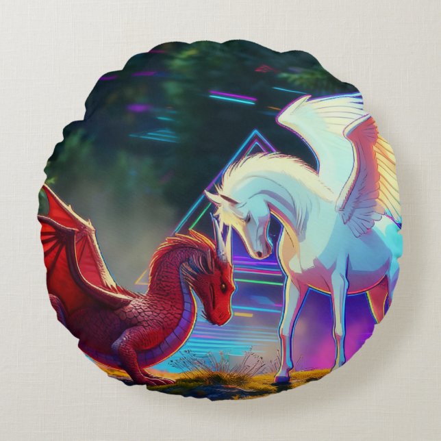 Forest Friends - Young Dragon and Young Pegasus Round Cushion (Front)