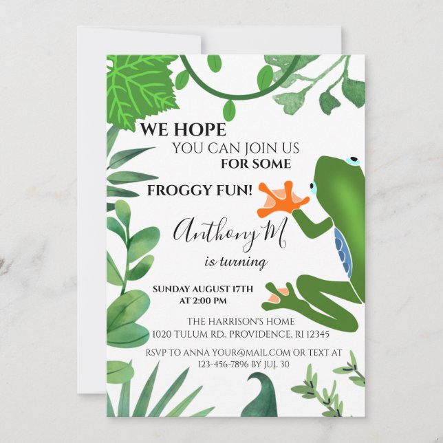 Forest Frog 1st birthday party invitation (Front)