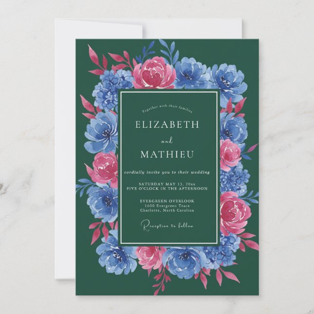 Forest Fuchsia Wreath Wedding Invitation (Front)