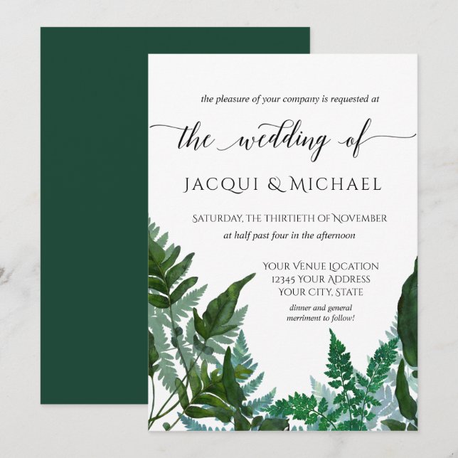 Forest Gathered Fern Foliage Watercolor Wedding Invitation (Front/Back)
