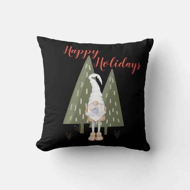 Forest Gnome Happy Holidays Black Throw Pillow (Front)