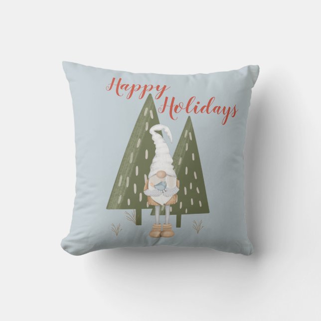 Forest Gnome Happy Holidays Ice Blue Cushion (Front)