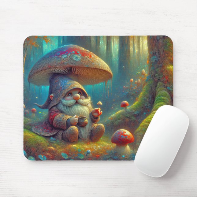 Forest Gnome Under a Mushroom Mouse Mat (With Mouse)