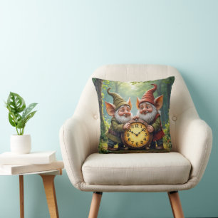 Forest Gnomes With Old Clock Cushion