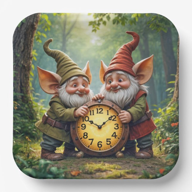 Forest Gnomes With Old Clock Paper Plate (Front)