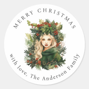 Forest Goddess Holly Red Berries Christmas Holiday Classic Round Sticker