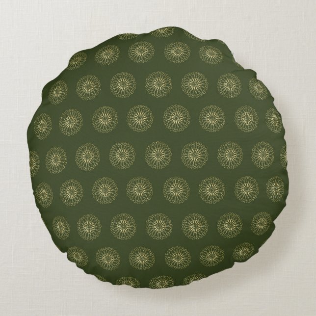 Forest | Golden Zinnia Flower Medallions Round Cushion (Back)