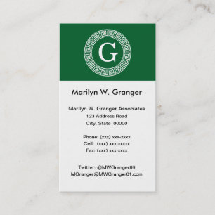 Forest Gr Wht Greek Key Rnd Frame Initial Monogram Business Card