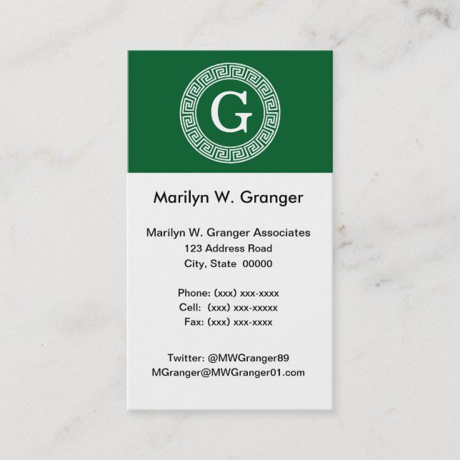 Forest Gr Wht Greek Key Rnd Frame Initial Monogram Business Card (Front)