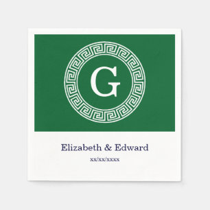 Forest Gr Wht Greek Key Rnd Frame Initial Monogram Napkin