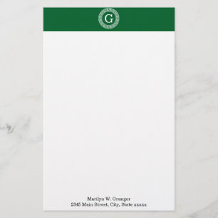 Forest Gr Wht Greek Key Rnd Frame Initial Monogram Stationery