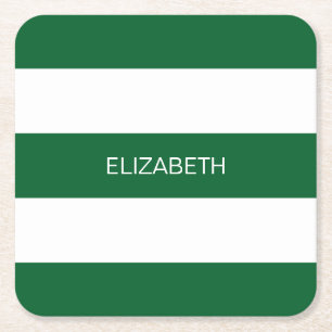 Forest Gr Wht Horiz Preppy Stripe #3 Name Monogram Square Paper Coaster
