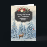 Forest Grandson and His Wife Merry Christmas Card<br><div class="desc">Merry Christmas for grandson and his wife card with rustic country chalkboard pattern and snowy watercolor forest scene with deer and birds.</div>