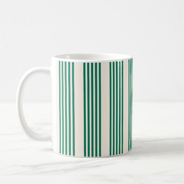Forest green and beige five stripes pattern coffee mug (Left)