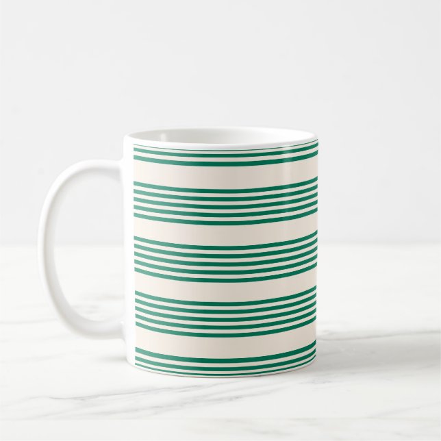 Forest green and beige five stripes pattern coffee mug (Left)