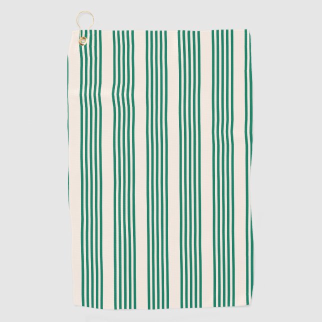 Forest green and beige five stripes pattern golf towel (Front)
