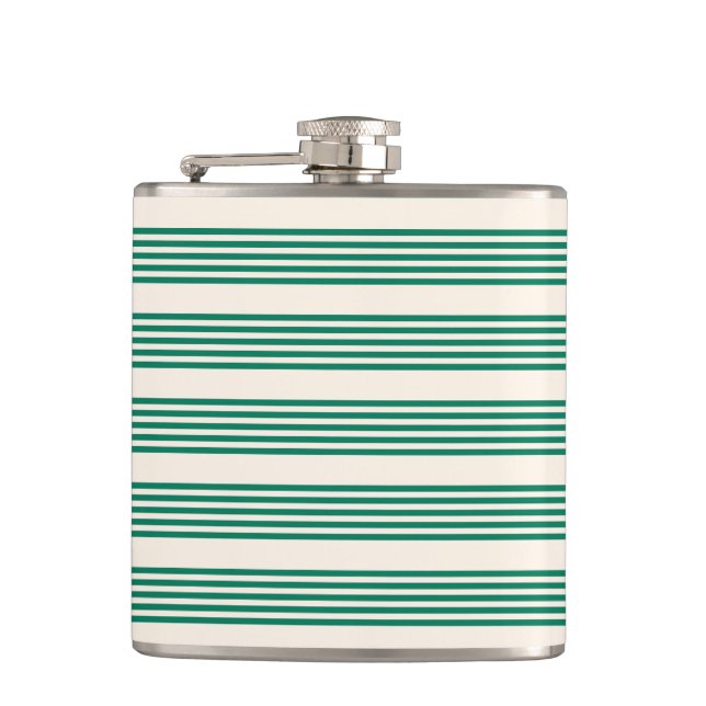 Forest green and beige five stripes pattern hip flask (Front)